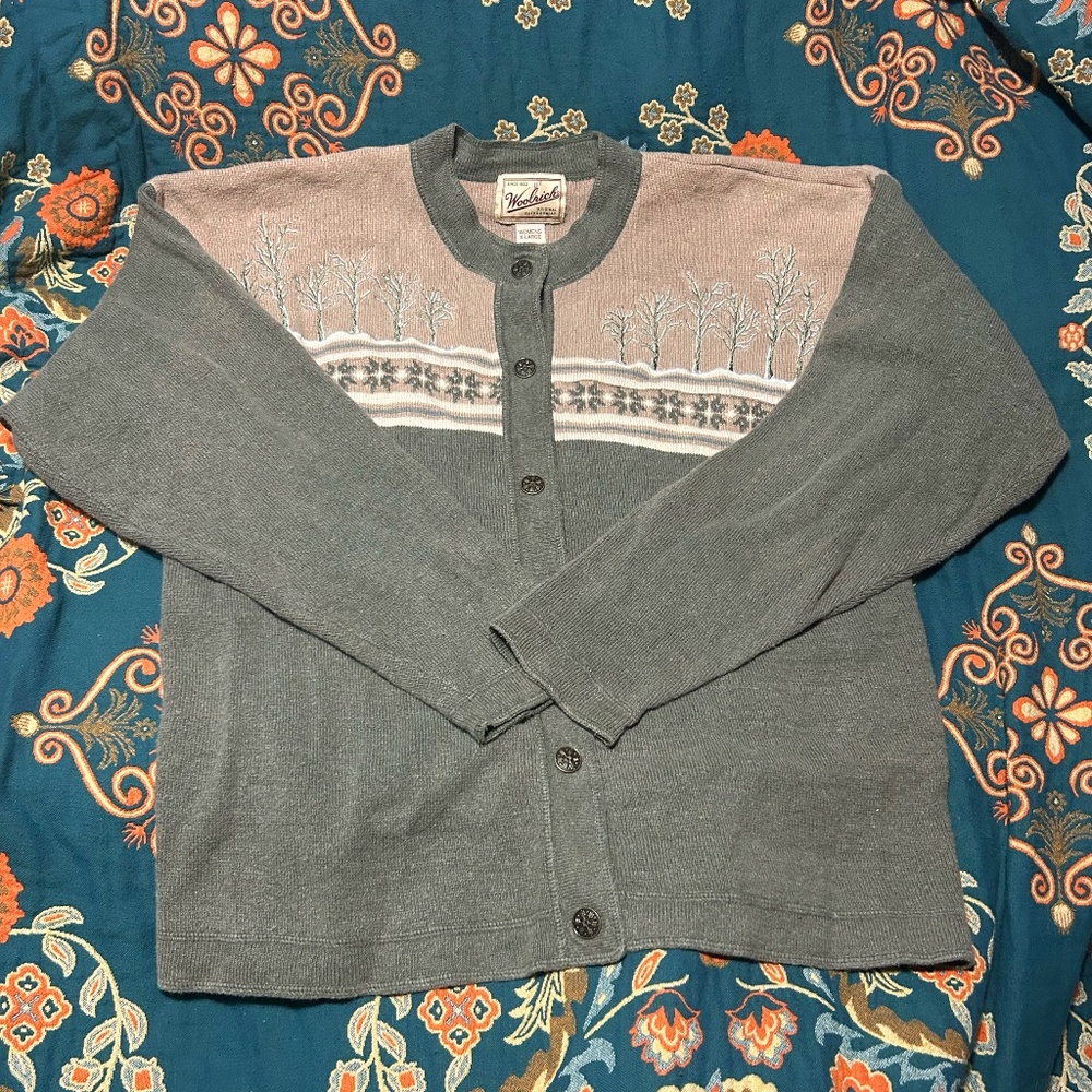 Woolrich Womens XL Scenic Embroidered Cardigan Ramie Cotton Cottagecore
